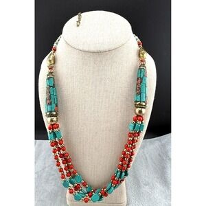 Bohemian Retro Layered Necklace Tibetan Style Red Blue Beads Gold Tone 26"